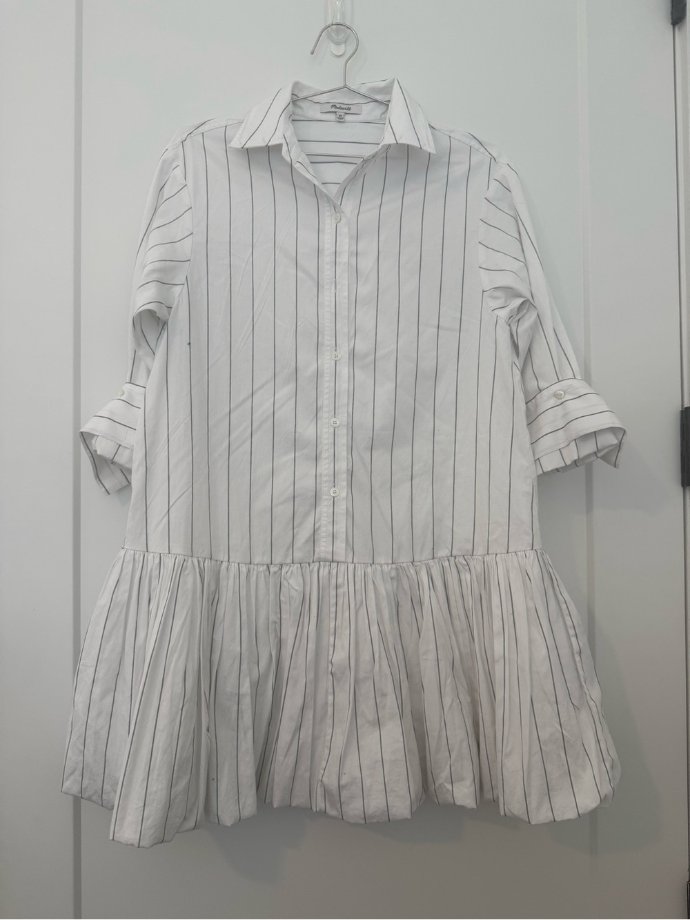 Madewell White Shirt Dress with Black Pinstripes and Ruffle Hem